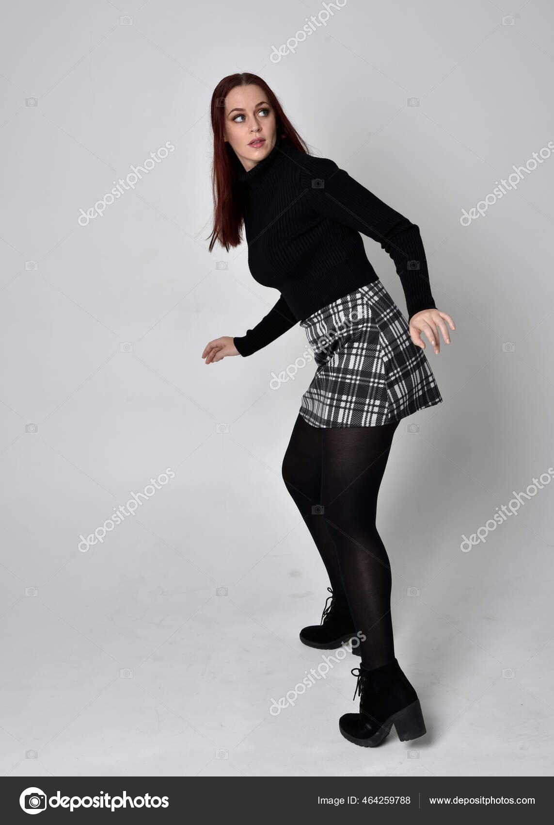 Full Length Portrait Red Haired Girl Wearing Black Turtleneck
