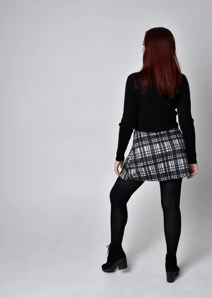 Full Length Portrait Red Haired Girl Wearing Black Turtleneck Sweater — Stock Photo, Image