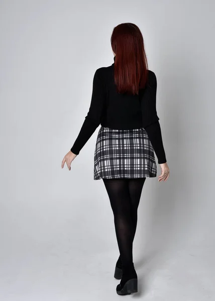 Full Length Portrait Red Haired Girl Wearing Black Turtleneck Sweater — Stock Photo, Image