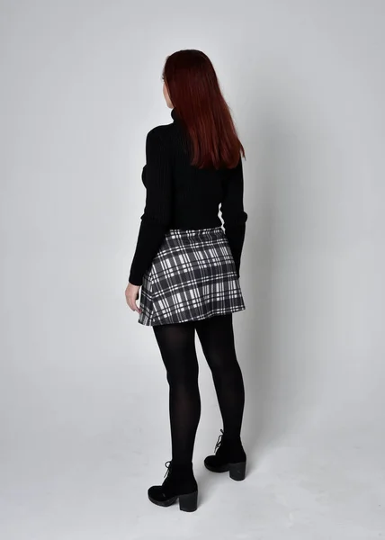 Full Length Portrait Red Haired Girl Wearing Black Turtleneck Sweater — Stock Photo, Image