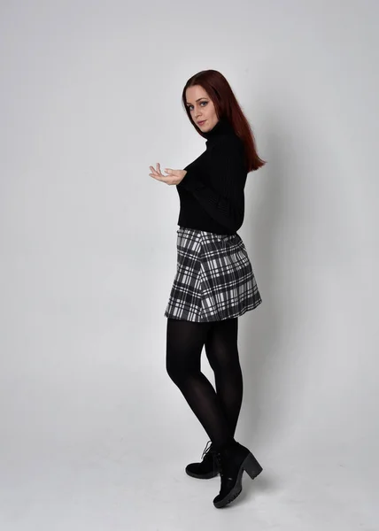 Full Length Portrait Red Haired Girl Wearing Black Turtleneck Sweater — Stock Photo, Image