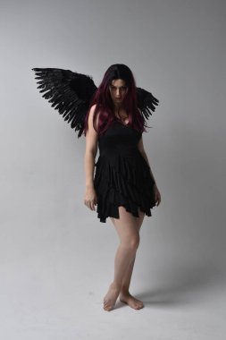 Siyah elbise ve tüylü melek kanatları takan kızıl saçlı bir kızın tam boy portresi. Stüdyo geçmişine karşı poz vermek.