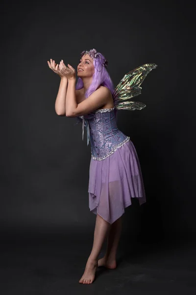 환상의 코르셋 드레스를 날개와 왕관을 보라색 소녀의 초상화 어두운 스튜디오 — 스톡 사진