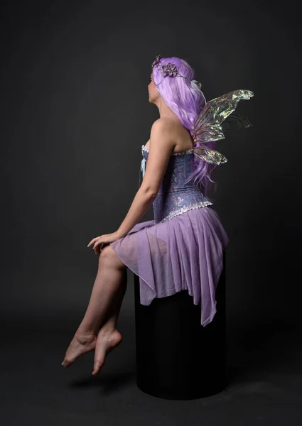 Ολόσωμο Πορτραίτο Ενός Μωβ Κοριτσιού Φανταστικό Κορσέ Φόρεμα Φτερά Νεράιδας — Φωτογραφία Αρχείου