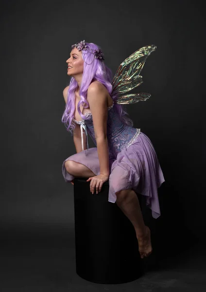 환상의 코르셋 드레스를 날개와 왕관을 보라색 소녀의 초상화 어두운 스튜디오 — 스톡 사진