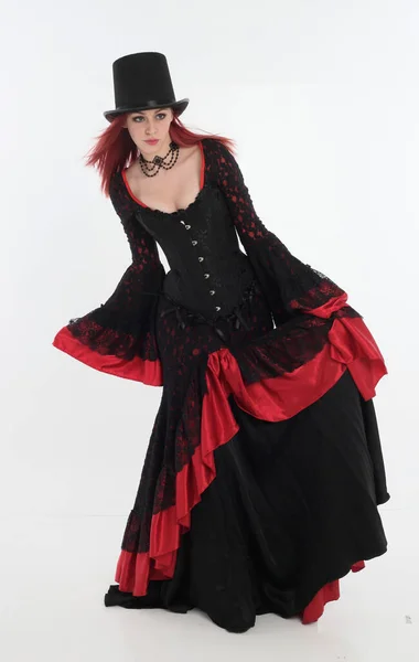 Full Length Portrait Red Haired Woman Wearing Long Black Gothic — Stock Photo, Image
