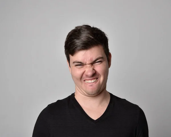 Close Head Shoulders Portrait Brunette Young Man Variety Expressive Facial — Stock Photo, Image