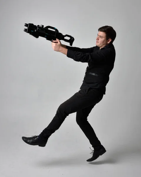 Full Length Portrait Brunette Man Wearing Leather Jacket Holding Science — Stock Photo, Image