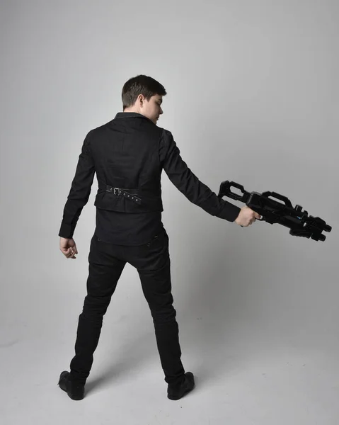 Full Length Portrait Brunette Man Wearing Leather Jacket Holding Science — Stock Photo, Image