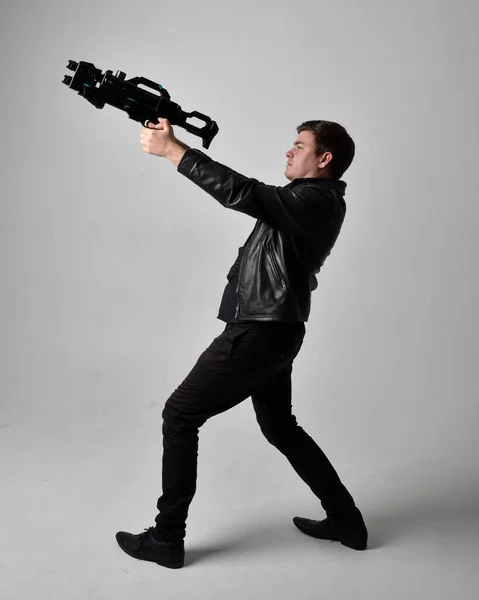 Full Length Portrait Brunette Man Wearing Leather Jacket Holding Science — Stock Photo, Image