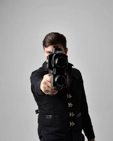 Close Portrait Brunette Man Wearing Leather Jacket Holding Science Fiction — Stock Photo, Image