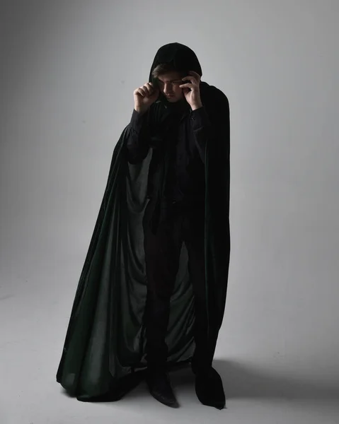 Full Length Portrait Brunette Man Wearing Black Shirt Waistcoat Green — Stock Photo, Image