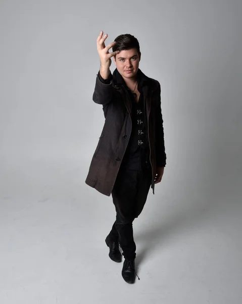 Full Length Portrait Brunette Man Wearing Black Leather Coat Standing — Stock Photo, Image