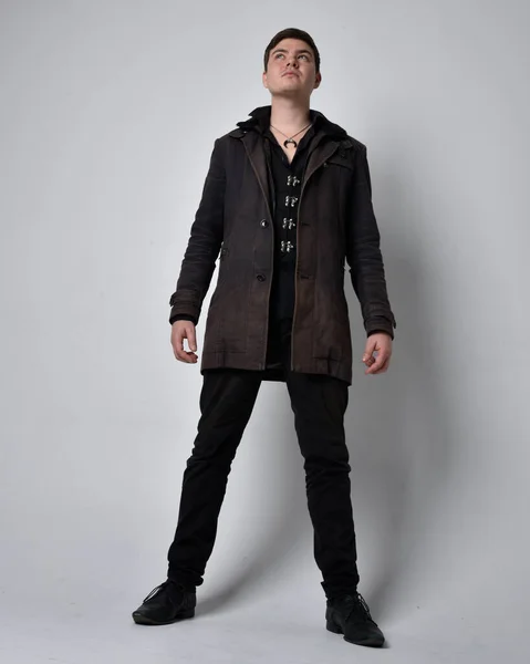 Full Length Portrait Brunette Man Wearing Black Leather Coat Standing — Stock Photo, Image