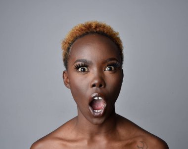 Saçları doğal olan güzel bir Afrikalı kadının kafa ve omuzlarını kapatın. çeşitli duygusal yüz ifadeleri. Açık gri stüdyo arka planında izole edilmiş..