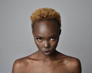 Saçları doğal olan güzel bir Afrikalı kadının kafa ve omuzlarını kapatın. çeşitli duygusal yüz ifadeleri. Açık gri stüdyo arka planında izole edilmiş..