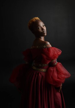 Kırmızı rönesans fantezi elbisesi giyen güzel Afrikalı bir kadının klasik portresi, karanlık bir stüdyo arka planında gölgeli ışıklandırma..