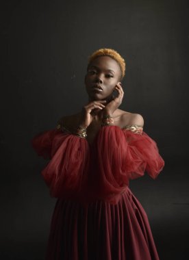Kırmızı rönesans fantezi elbisesi giyen güzel Afrikalı bir kadının klasik portresi, karanlık bir stüdyo arka planında gölgeli ışıklandırma..