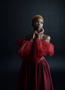 Kırmızı rönesans fantezi elbisesi giyen güzel Afrikalı bir kadının klasik portresi, karanlık bir stüdyo arka planında gölgeli ışıklandırma..
