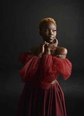 Kırmızı rönesans fantezi elbisesi giyen güzel Afrikalı bir kadının klasik portresi, karanlık bir stüdyo arka planında gölgeli ışıklandırma..