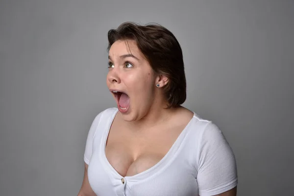 Close Portrait Young Sized Woman Short Brunette Hair Wearing White — Stock Photo, Image