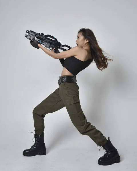 Full Length Portrait Pretty Brunette Asian Girl Wearing Black Top — Stock Photo, Image