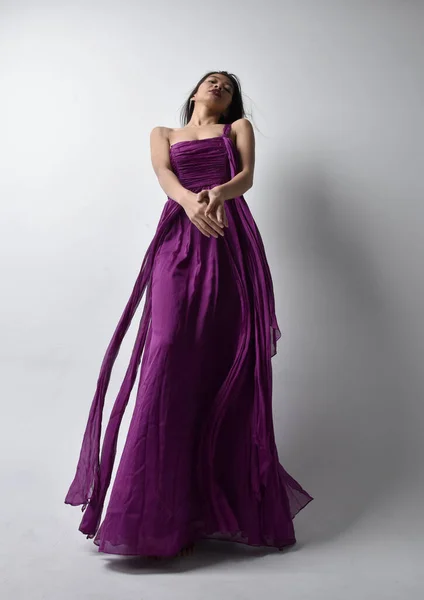 Full Length Portrait Pretty Brunette Asian Girl Wearing Purple Flowing — Foto de Stock