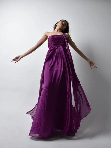 Full Length Portrait Pretty Brunette Asian Girl Wearing Purple Flowing —  Fotos de Stock