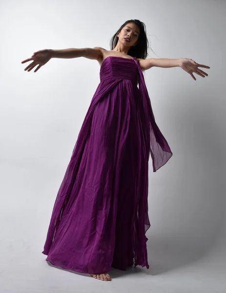 Full Length Portrait Pretty Brunette Asian Girl Wearing Purple Flowing — Φωτογραφία Αρχείου