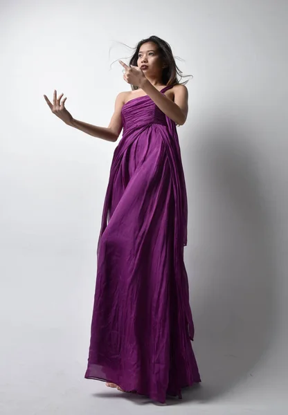 Full Length Portrait Pretty Brunette Asian Girl Wearing Purple Flowing —  Fotos de Stock