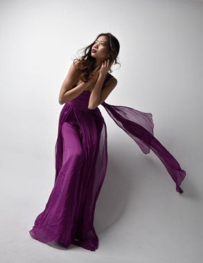 Full length  portrait of pretty brunette asian girl wearing purple flowing  gown. Standing pose in low angle on on studio background.