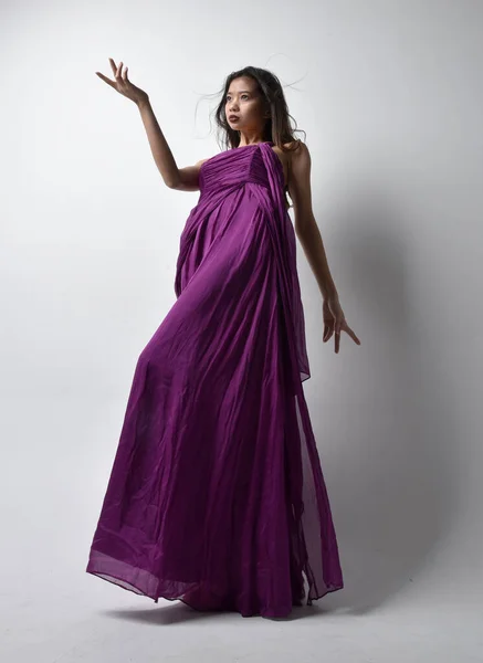Full Length Portrait Pretty Brunette Asian Girl Wearing Purple Flowing — Stok Foto
