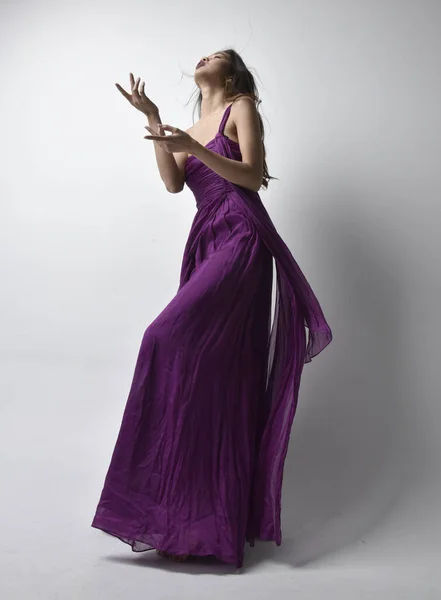 Full Length Portrait Pretty Brunette Asian Girl Wearing Purple Flowing — Foto de Stock