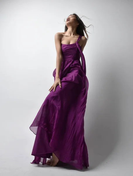 Full Length Portrait Pretty Brunette Asian Girl Wearing Purple Flowing —  Fotos de Stock