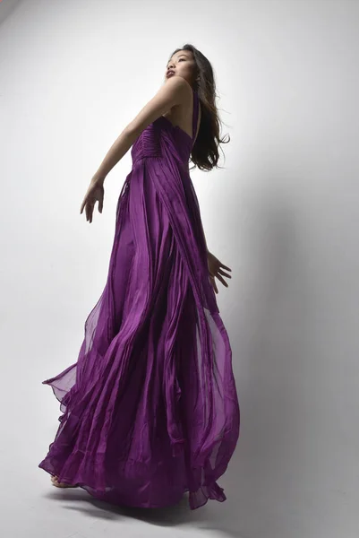 Full Length Portrait Pretty Brunette Asian Girl Wearing Purple Flowing — Φωτογραφία Αρχείου