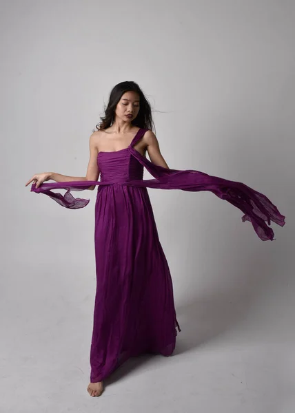 Full Length Portrait Pretty Brunette Asian Girl Wearing Purple Flowing — Foto de Stock