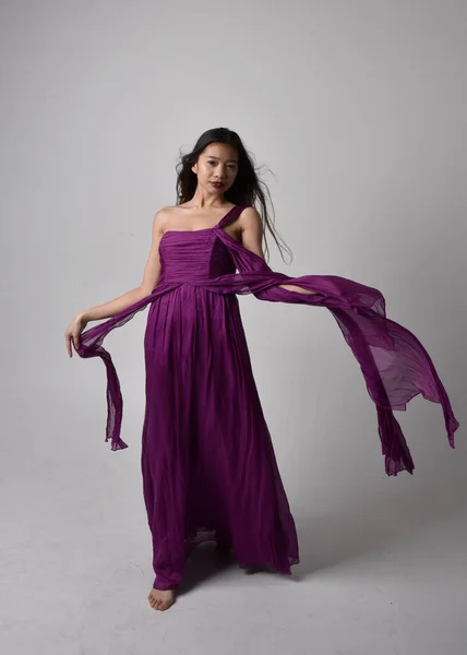 Full Length Portrait Pretty Brunette Asian Girl Wearing Purple Flowing — Stock Photo, Image