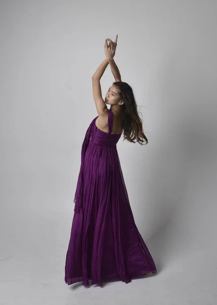 Full Length Portrait Pretty Brunette Asian Girl Wearing Purple Flowing — Foto de Stock