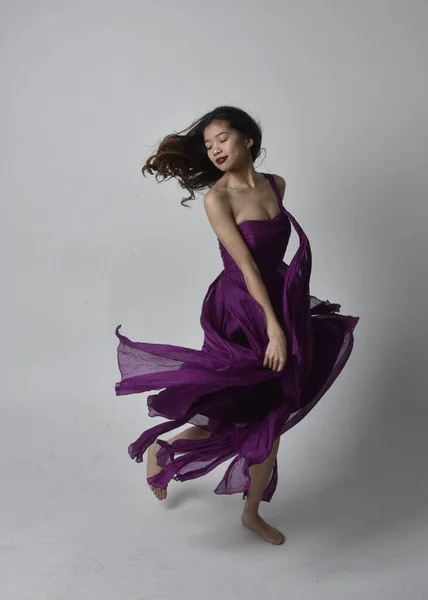 Full Length Portrait Pretty Brunette Asian Girl Wearing Purple Flowing —  Fotos de Stock