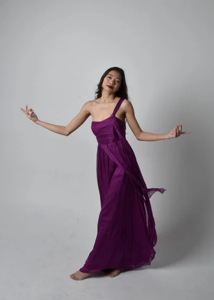 Full Length Portrait Pretty Brunette Asian Girl Wearing Purple Flowing — Foto de Stock