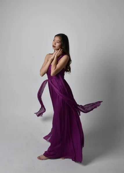 Full Length Portrait Pretty Brunette Asian Girl Wearing Purple Flowing — Stockfoto