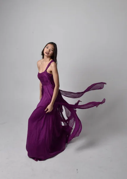 Full Length Portrait Pretty Brunette Asian Girl Wearing Purple Flowing — Stockfoto
