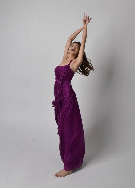 Full Length Portrait Pretty Brunette Asian Girl Wearing Purple Flowing — Foto de Stock