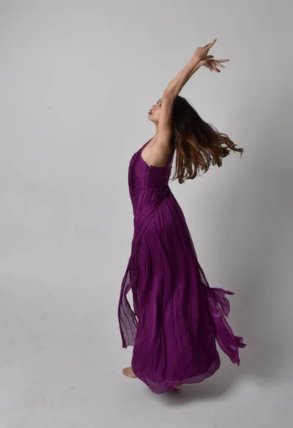 Full Length Portrait Pretty Brunette Asian Girl Wearing Purple Flowing — Foto de Stock