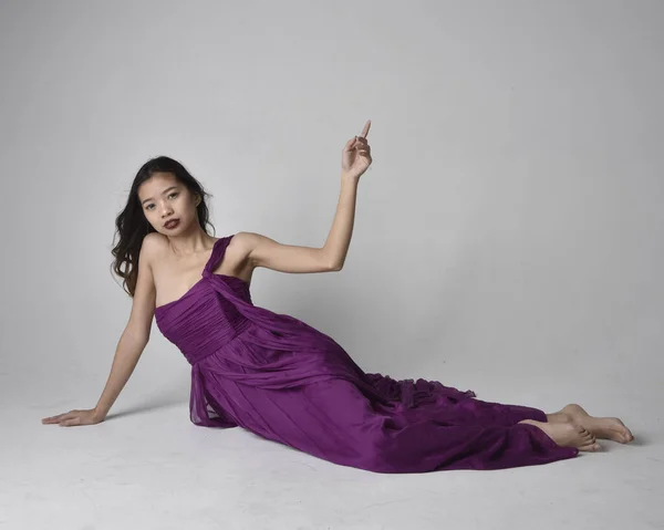 Full Length Portrait Pretty Brunette Asian Girl Wearing Purple Flowing — Stok fotoğraf