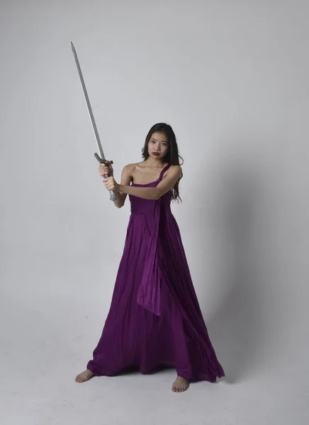 Full Length Portrait Pretty Brunette Asian Girl Wearing Purple Flowing — Stock Fotó