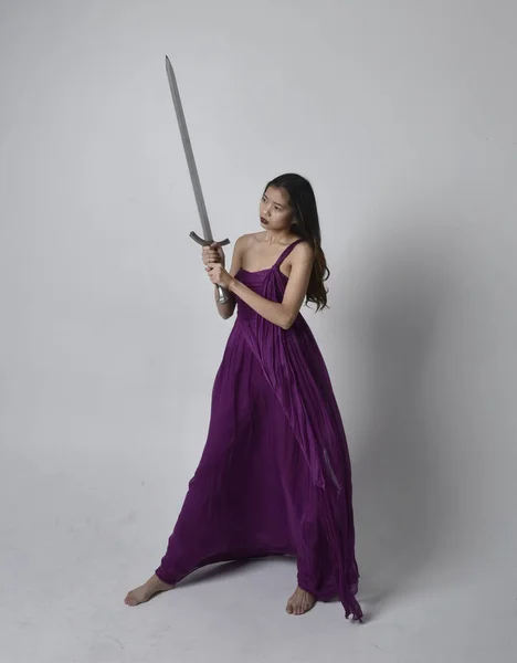Full Length Portrait Pretty Brunette Asian Girl Wearing Purple Flowing — Stockfoto