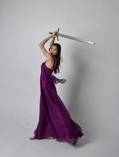 Full Length Portrait Pretty Brunette Asian Girl Wearing Purple Flowing — Stockfoto