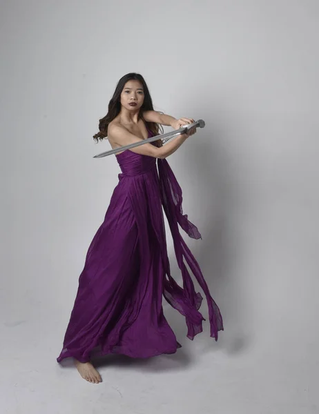 Full Length Portrait Pretty Brunette Asian Girl Wearing Purple Flowing — Fotografia de Stock