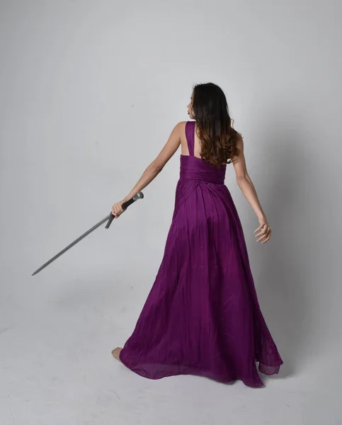 Full Length Portrait Pretty Brunette Asian Girl Wearing Purple Flowing — Foto de Stock